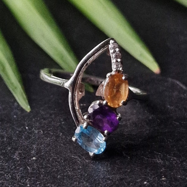 Multi Stone Amethyst Aquamarine and Citrine Silver 925 Ring - Baga Ethnik Living