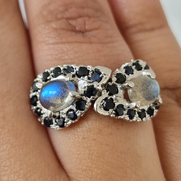 Infinity Sapphire and Moonstone 925 Sterling Silver Ring - Baga Ethnik Living