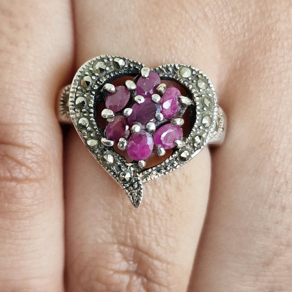 Vintage Heart Shape Ruby and Marcasite 925 Silver Sterling Ring - Baga Ethnik Living