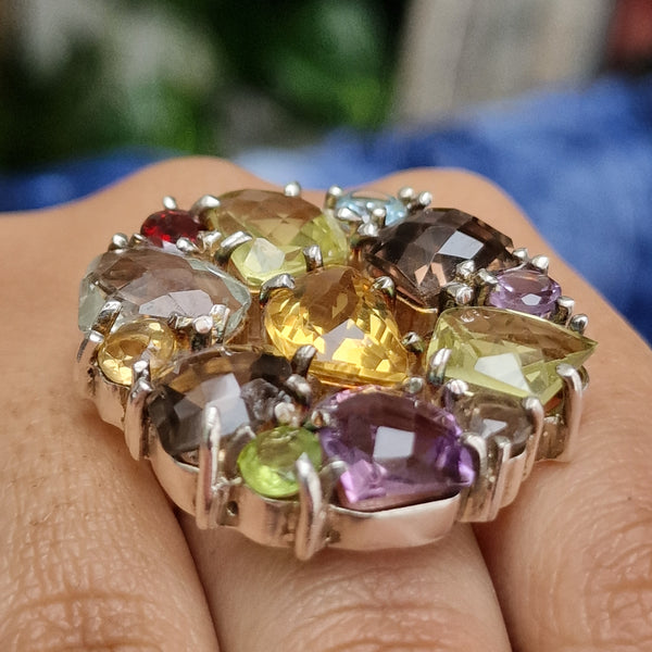 Semi Precious Faceted Multi Stone 925 Sterling Silver Ring - Baga Ethnik Living