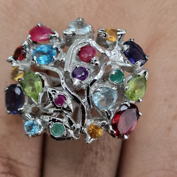 Tree of Life Multi Gemstone 925 Sterling Silver Ring - Baga Ethnik Living