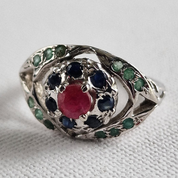 Handmade Sapphire, Ruby and Emerald Precious Silver Ring Jewellery - Baga Ethnik Living