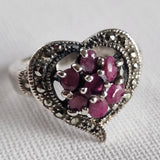 Vintage Heart Shape Ruby and Marcasite 925 Silver Sterling Ring - Baga Ethnik Living