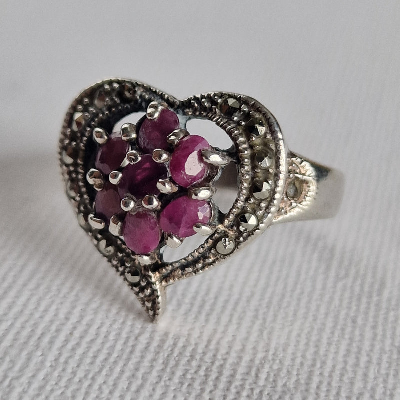 Vintage Heart Shape Ruby and Marcasite 925 Silver Sterling Ring - Baga Ethnik Living