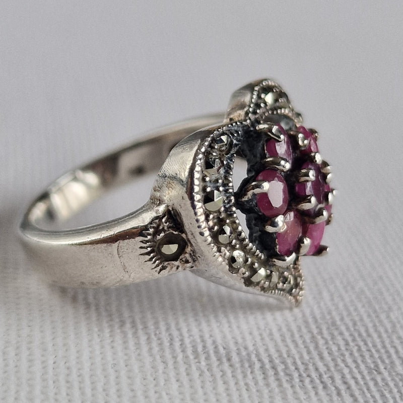 Vintage Heart Shape Ruby and Marcasite 925 Silver Sterling Ring - Baga Ethnik Living