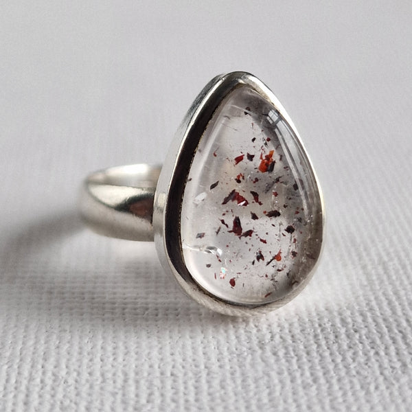 Striking Red Fire Harlequin Clear Quartz Silver Sterling 925 Ring - Baga Ethnik Living