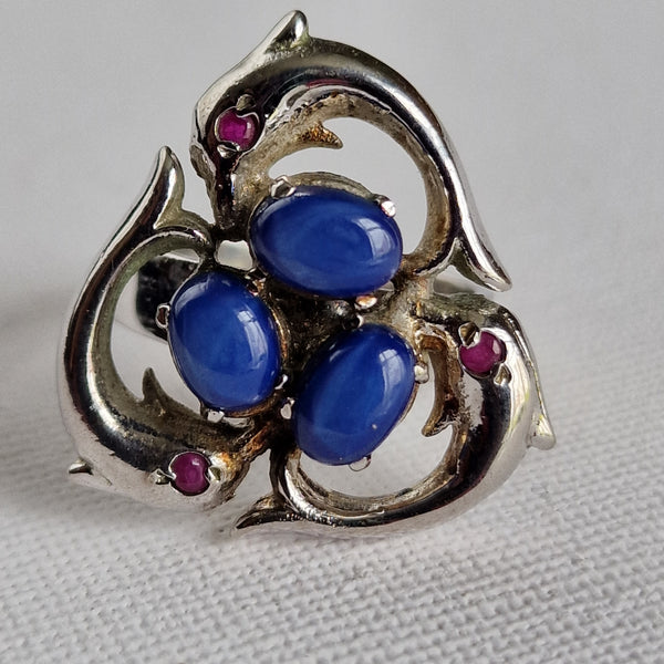 Striking Silver Dolphin with Ruby and Blue Cats Eye 925 Ring - Baga Ethnik Living