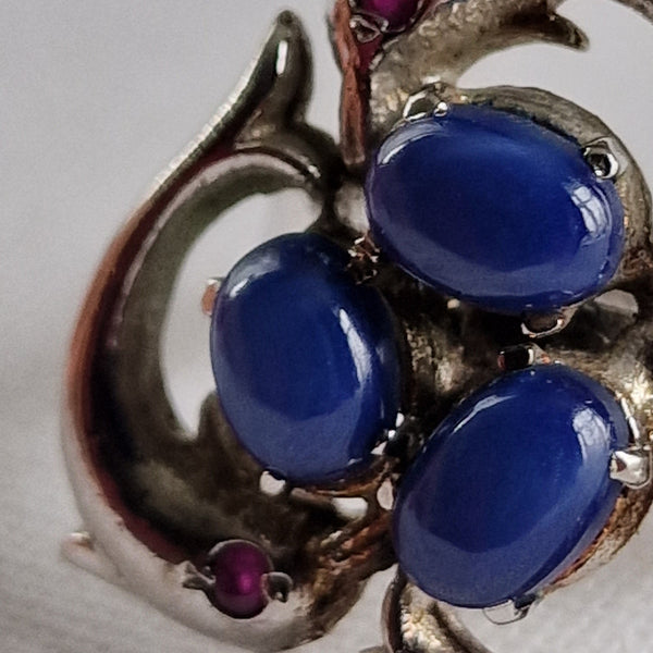 Striking Silver Dolphin with Ruby and Blue Cats Eye 925 Ring - Baga Ethnik Living