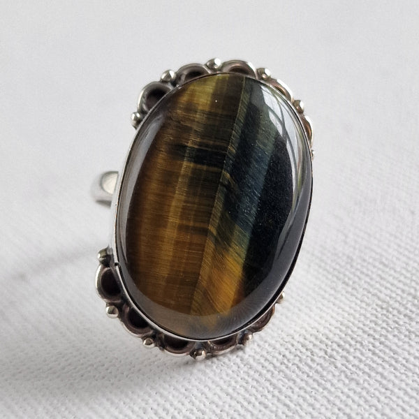 Stunning Tiger Eye Cocktail Style Sterling Silver 925 Ring - Baga Ethnik Living