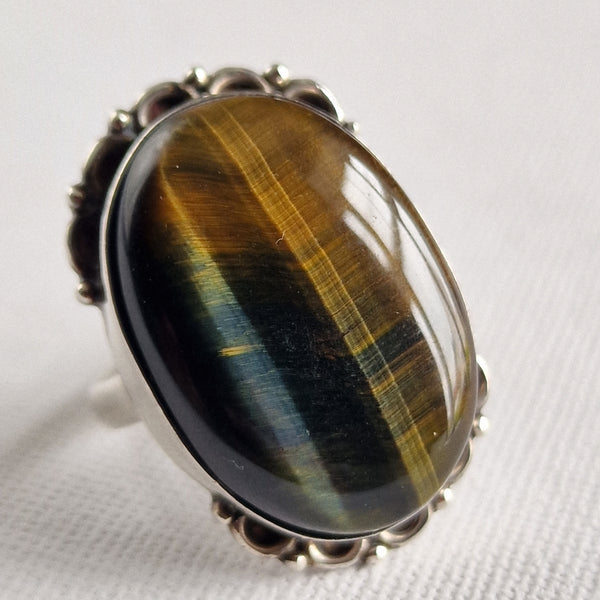 Stunning Tiger Eye Cocktail Style Sterling Silver 925 Ring - Baga Ethnik Living