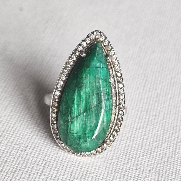 Himalayan Gemstone Natural Green Emerald 925 Sterling Silver Ring - Baga Ethnik Living