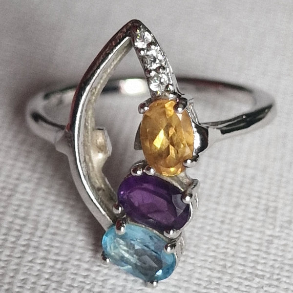 Multi Stone Amethyst Aquamarine and Citrine Silver 925 Ring - Baga Ethnik Living