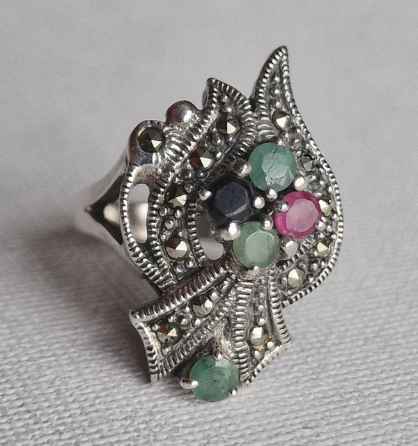 Vintage Marcasite with Sapphire Ruby Emerald Gemstone Silver Ring - Baga Ethnik Living