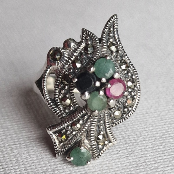 Vintage Marcasite with Sapphire Ruby Emerald Gemstone Silver Ring - Baga Ethnik Living