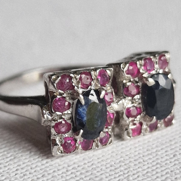 Luxury Blue Sapphire and Ruby Faceted 925 Sterling Silver Ring - Baga Ethnik Living