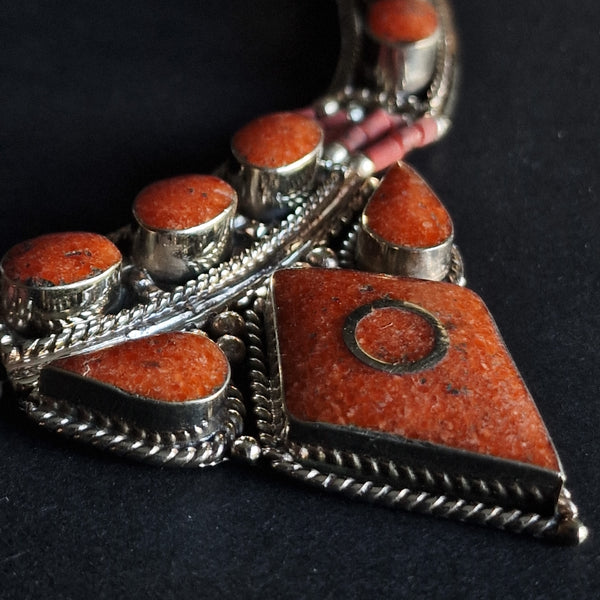 Handmade Coral Inlay Tibetan Silver Himalayan Necklace Jewellery - Baga Ethnik Living