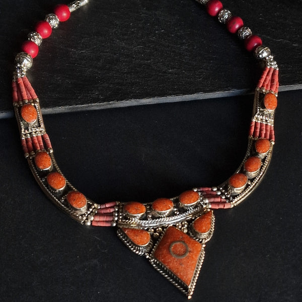 Handmade Coral Inlay Tibetan Silver Himalayan Necklace Jewellery - Baga Ethnik Living