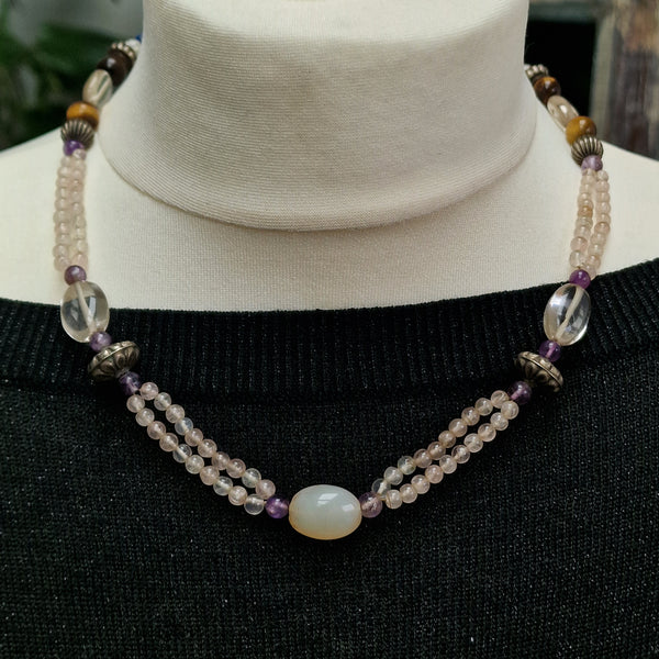 Rose quartz, Quartz, Tiger Eye Multi-Stone Beaded Necklace - Baga Ethnik Living