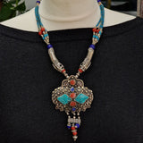 Tibetan Multi-Stone Necklace with Intricate Designed Silver Beads - Baga Ethnik Living