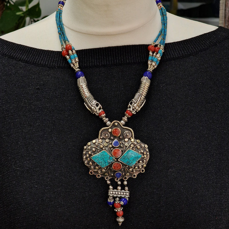 Tibetan Multi-Stone Necklace with Intricate Designed Silver Beads - Baga Ethnik Living