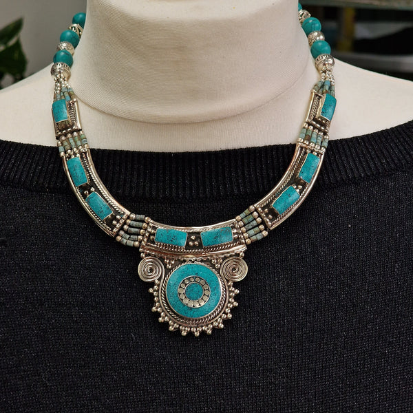 One-Of-A-Kind Tibetan Handcrafted Turquoise Inlay Necklace - Baga Ethnik Living