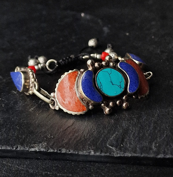 Handmade Tibetan Coral Lapis Turquoise Silver Bracelet Jewellery - Baga Ethnik Living