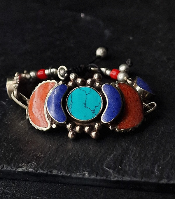 Handmade Tibetan Coral Lapis Turquoise Silver Bracelet Jewellery - Baga Ethnik Living