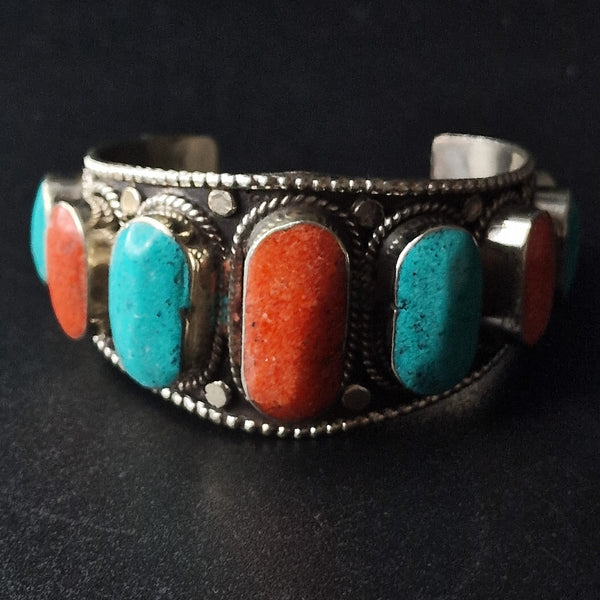 Tibetan Antique Open Bracelet Turquoise and Coral Cabochons