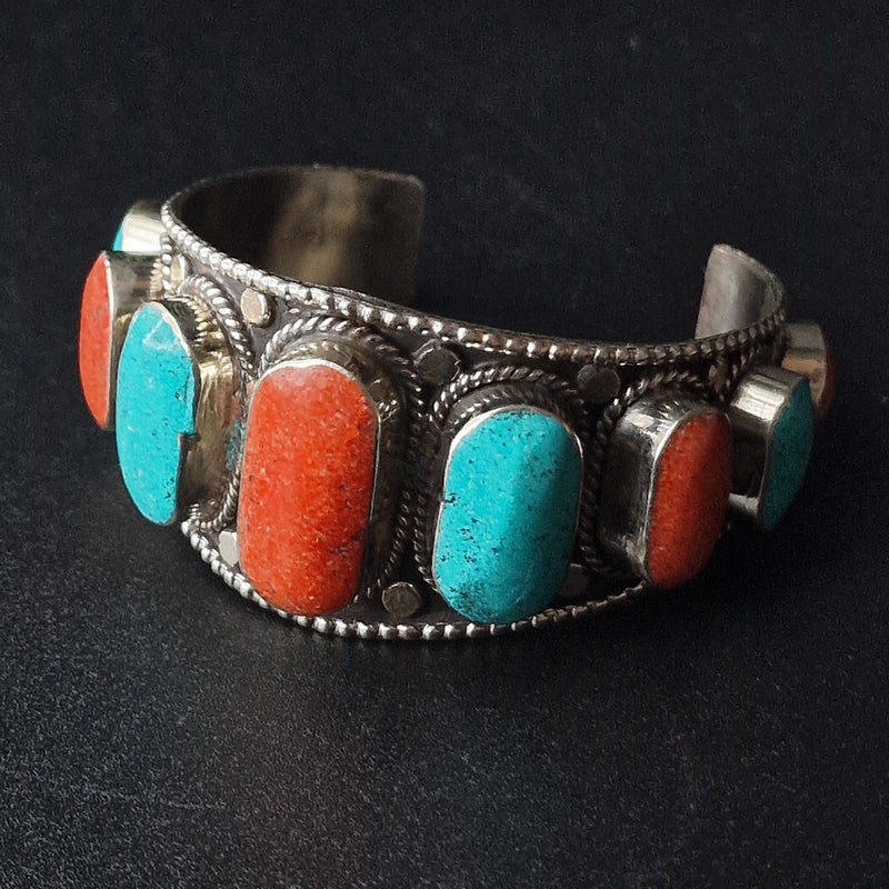 Tibetan Antique Open Bracelet Turquoise and Coral Cabochons