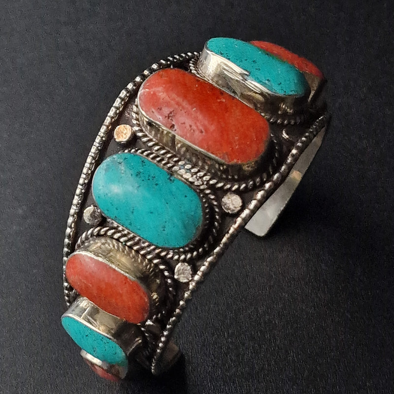 Tibetan Antique Open Bracelet Turquoise and Coral Cabochons