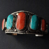 Tibetan Antique Open Bracelet Turquoise and Coral Cabochons