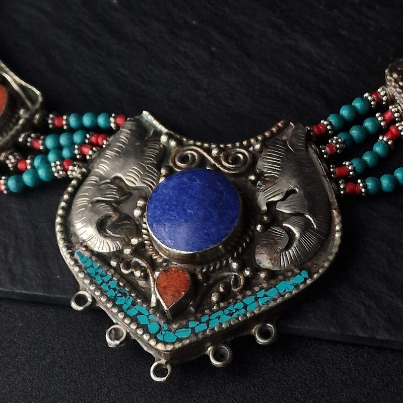 Multi-Stone Handmade Turquoise Lapis Coral Himalayan Silver Necklace