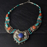 Multi-Stone Handmade Turquoise Lapis Coral Himalayan Silver Necklace