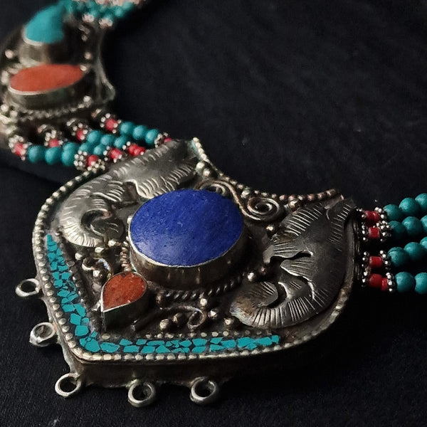 Multi-Stone Handmade Turquoise Lapis Coral Himalayan Silver Necklace