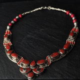 Vibrant Red Coral Tibetan Silver Handmade Necklace