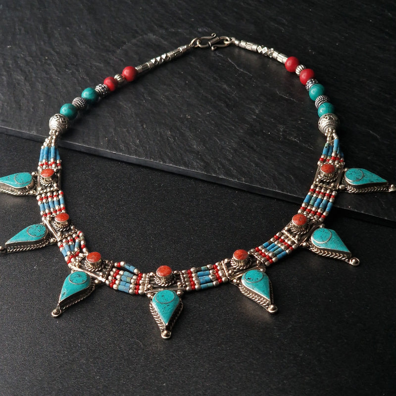 Tibetan Turquoise and Coral Handmade Silver Necklace