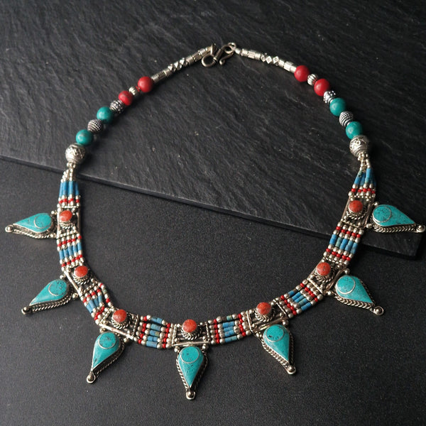 Tibetan Turquoise and Coral Handmade Silver Necklace