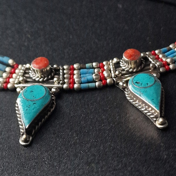 Tibetan Turquoise and Coral Handmade Silver Necklace