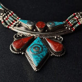 Tibetan Turquoise and Coral Inlay Handmade Silver Necklace - Baga Ethnik Living