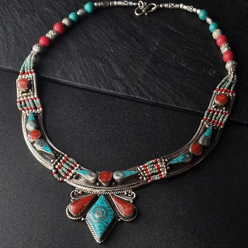 Tibetan Turquoise and Coral Inlay Handmade Silver Necklace - Baga Ethnik Living