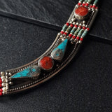 Tibetan Turquoise and Coral Inlay Handmade Silver Necklace - Baga Ethnik Living