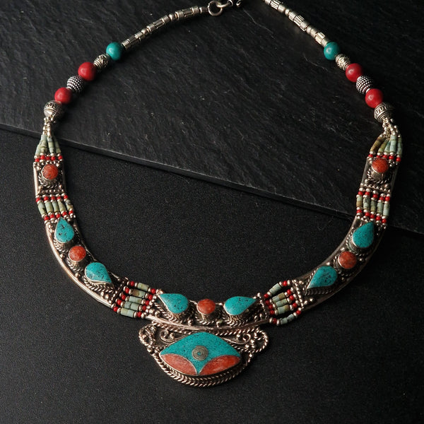 Handmade Unique Tibetan Silver Turquoise and Coral Necklace - Baga Ethnik Living