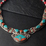 Handmade Unique Tibetan Silver Turquoise and Coral Necklace - Baga Ethnik Living