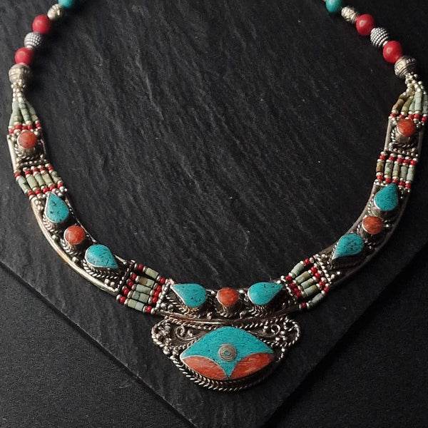 Handmade Unique Tibetan Silver Turquoise and Coral Necklace - Baga Ethnik Living