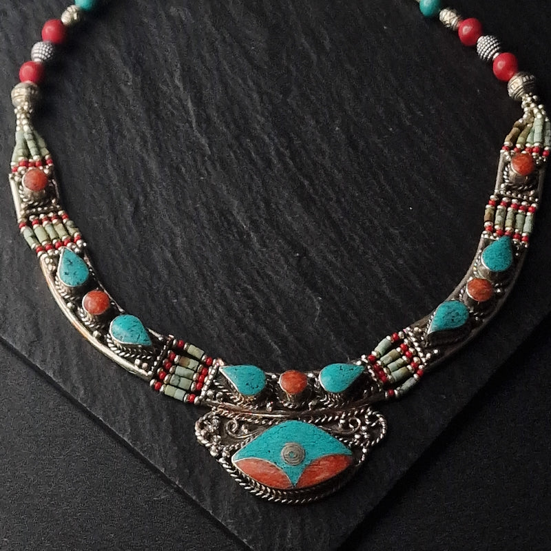 Handmade Unique Tibetan Silver Turquoise and Coral Necklace - Baga Ethnik Living