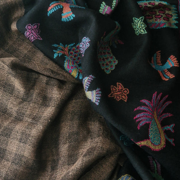 Unique Cashmere Border Kani Checkered Peacock Pashmina Stole - Cedar Brown