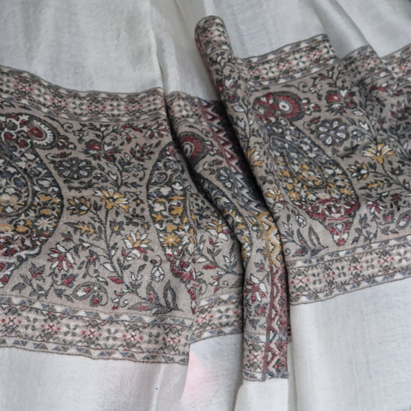 Authentic Luxury Soft Kashmir Border Kani Weave Pashminas - Daisy White