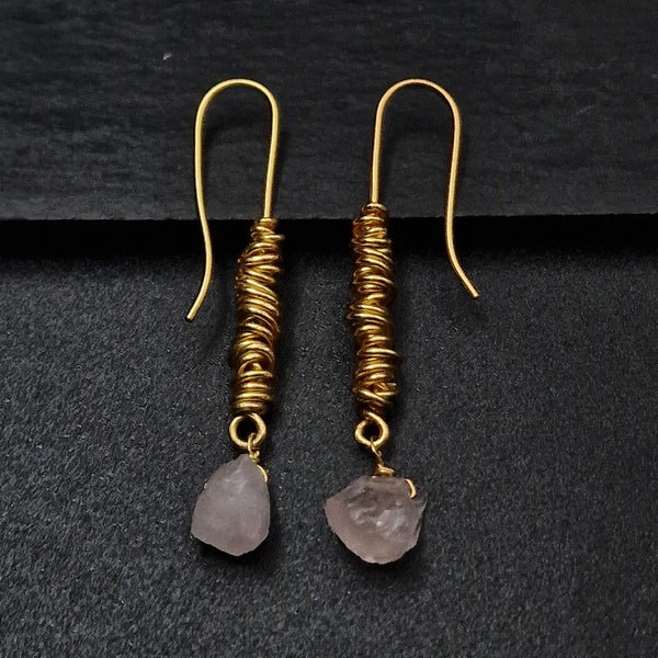 Handmade Raw Rose Quartz Crystal Brass Wire Wrapped Hook Earrings