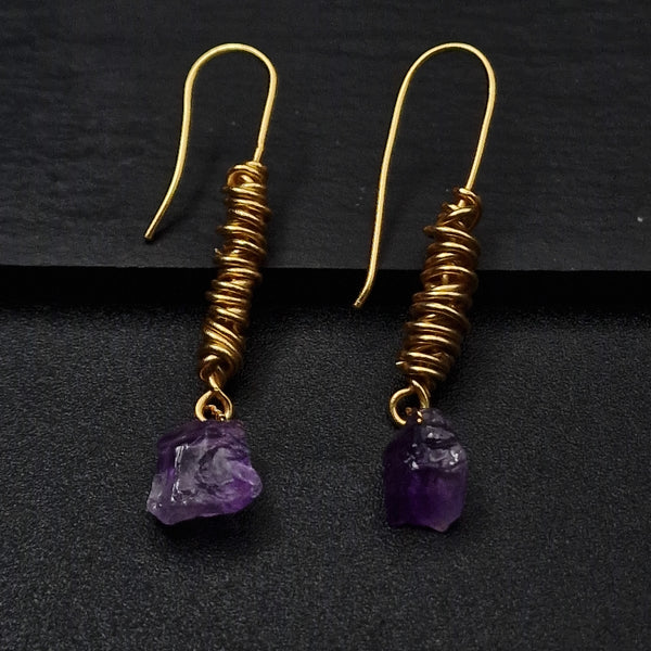 Handmade Raw Amethyst Crystal Brass Wire Wrapped Hook Earrings