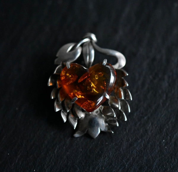 Divine Vintage Heart Baltic Amber 925 Silver Sterling Pendant - Baga Ethnik Living